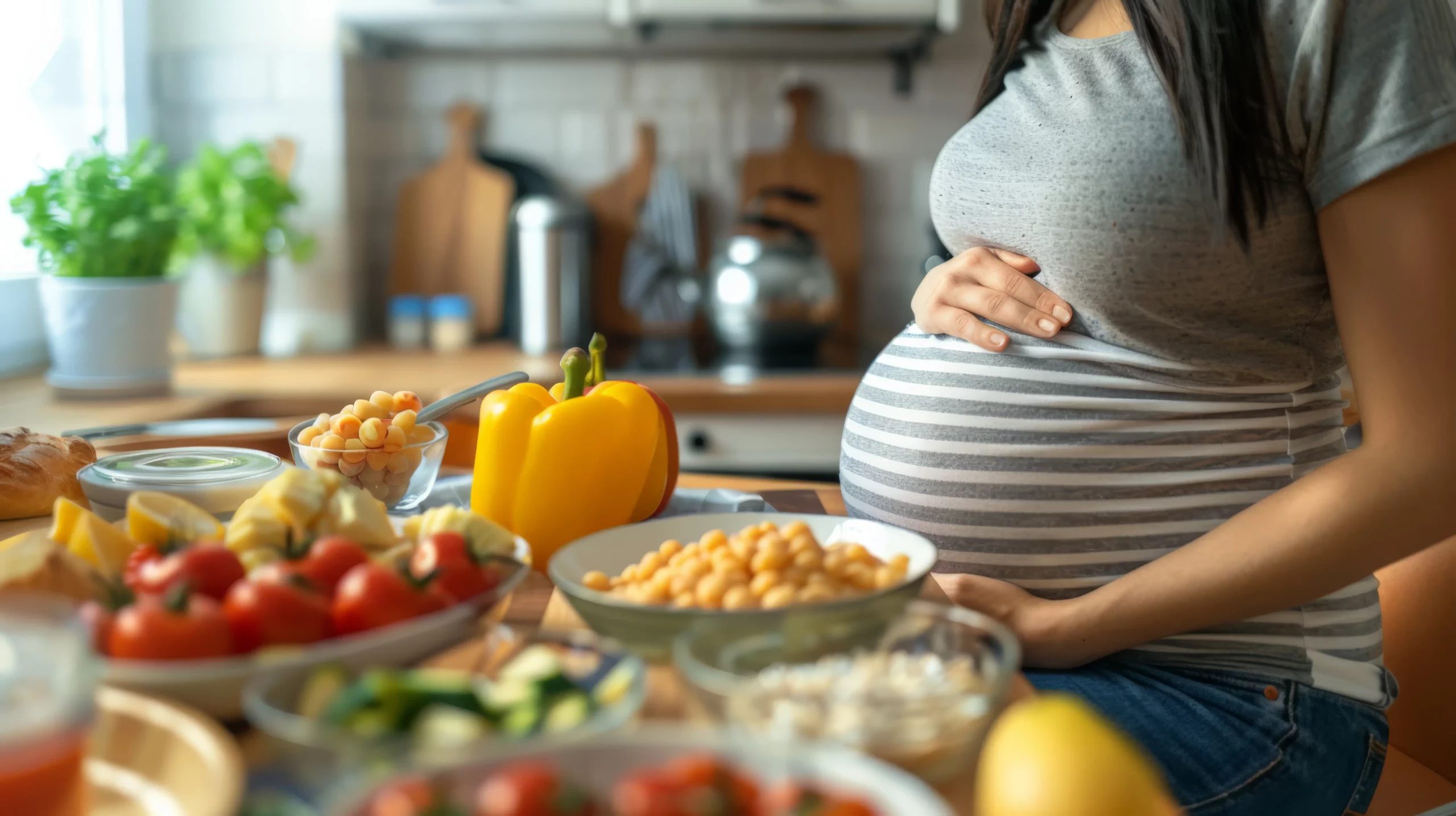 Femme enceinte posant de profil, portant une robe légère, représentant la maternité et la santé pendant la grossesse