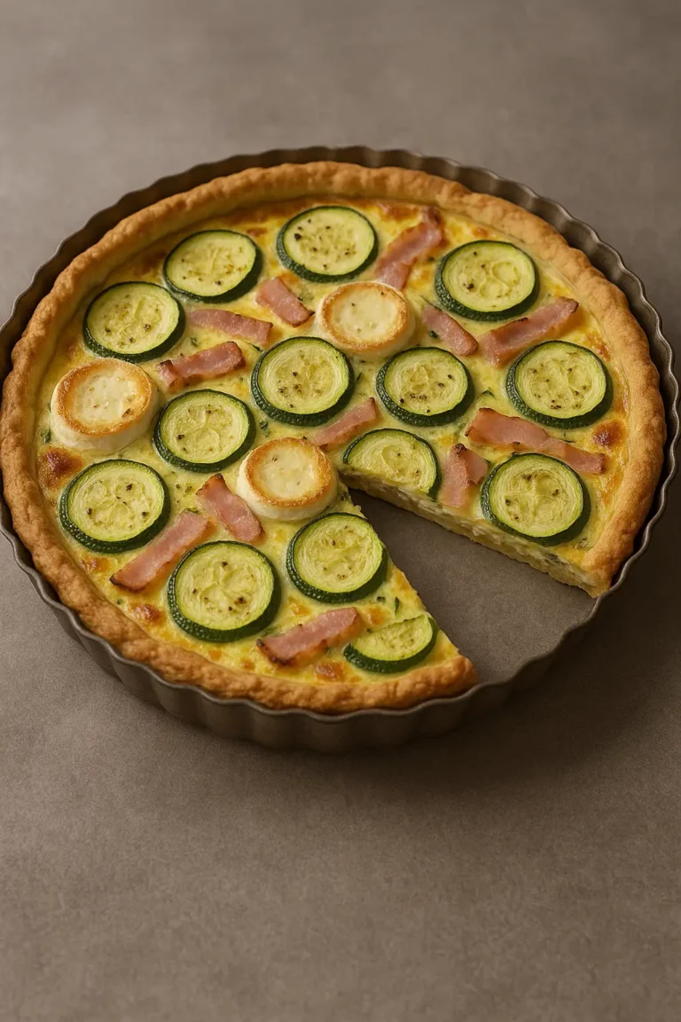 Quiche aux courgettes, au chèvre et au jambon blanc.