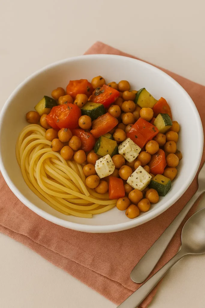 photo d'un plat de spaghettis et pois chiches legules rotis