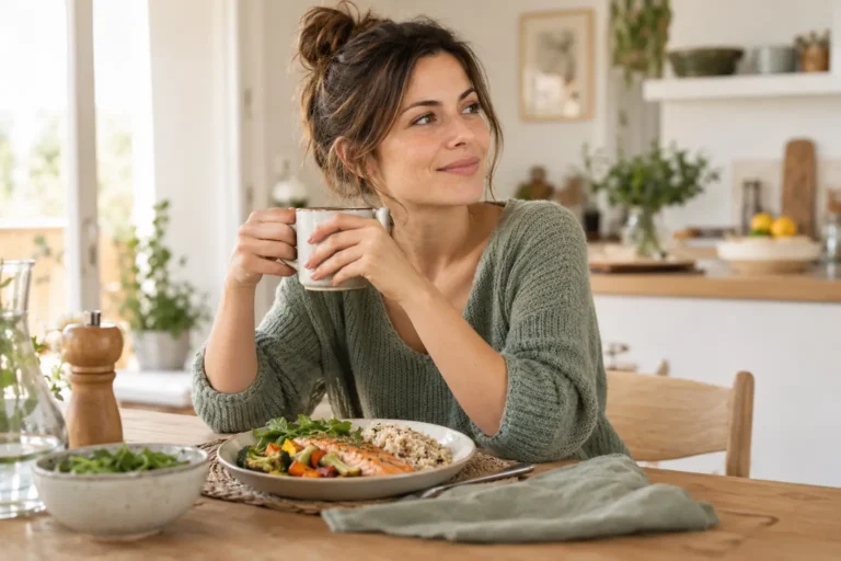Une femme tient une tasse à table, devant une assiette de saumon, de légumes et de céréales.