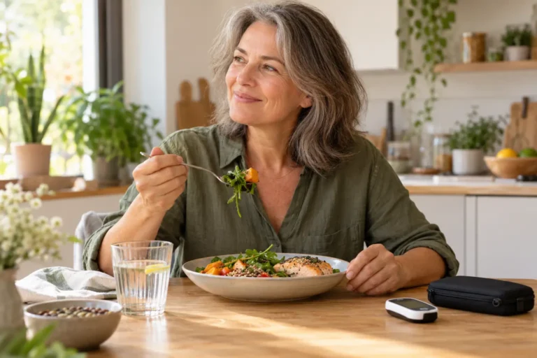 Une femme déguste une assiette de saumon, de légumes et de céréales dans sa cuisine.
