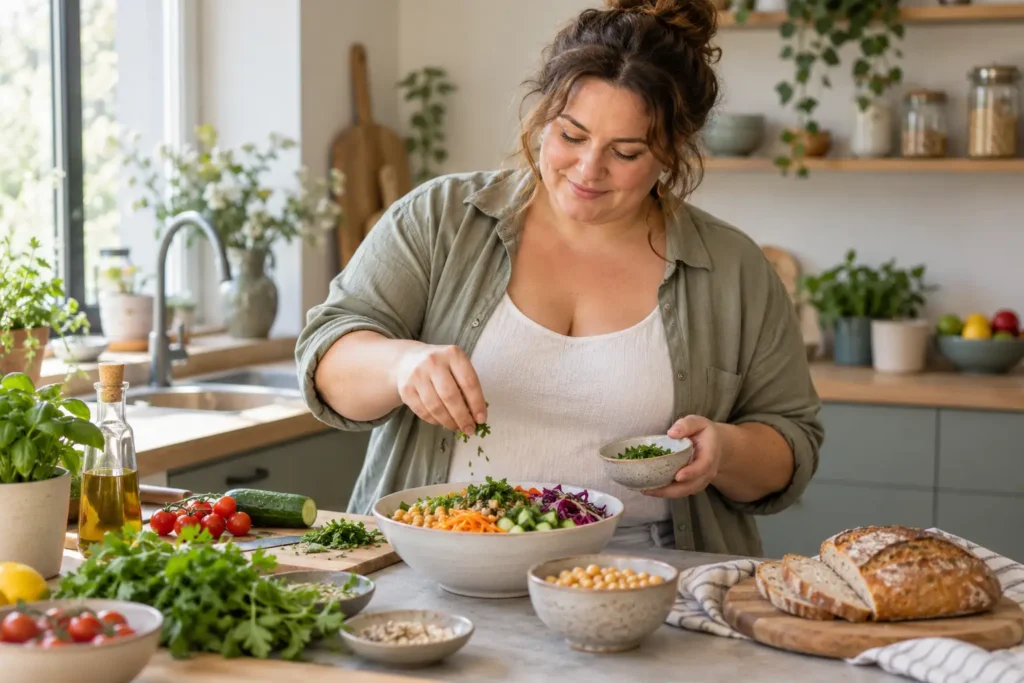 Une femme prépare une salade de légumes et de pois chiches dans sa cuisine.